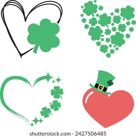 St Paddys day hearts, St Patricks Day four leaf clover hearts and leprechaun hat heart