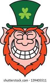 St Paddy's Day leprechaun grinning naughtily from ear to ear while wearing a red bear and a big green hat with a clover