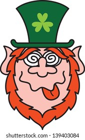 St Paddy's Day Leprechaun making a funny face like crazy and sticking his tongue out while wearing a big green hat with a shamrock