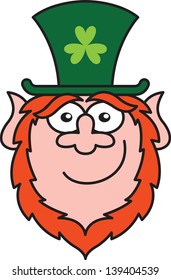 St Paddy's Day Leprechaun Smiling shyly while wearing a red beard and big green hat with a clover