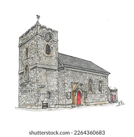 St Pancras Church, Chichester, stone Norman church, red door, square tower. Watercolor sketch illustration. Isolated vector.