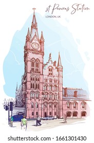 St. Pancras railway station, London, UK. Watercolor painted sketch. Vintage design. Travel sketchbook drawing. EPS10 vector illustration