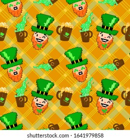 st. Patrcick's day seamless pattern with cute funny leprechauns and beer mugs at tartan background.