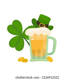 St Patric day beer glass with big cloverleaf and green hat isolated concept. Flat textured vector illustration.