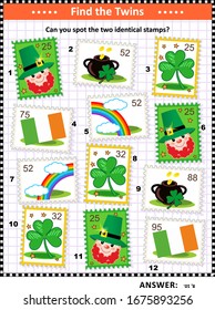 St Patrich's Day picture puzzle with postage stamps: Can you spot two identical postage stamps? Answer included.