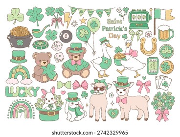 St. Patrick Animals Collection Vector, Kawaii Lucky Friends Doodle, Coquette Lucky Animals Hand Drawn Design Vector