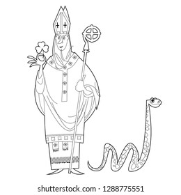 St Patrick (Apostle Of Ireland ) Banishes Snakes From Ireland. The Patron Saint Of Ireland. Black And White. Coloring Page. Vector Illustration 