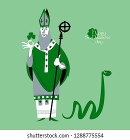 St Patrick (Apostle Of Ireland ) Banishes Snakes From Ireland. The Patron Saint Of Ireland. Vector Illustration