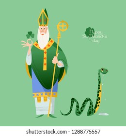 St Patrick (Apostle of Ireland ) banishes snakes from Ireland. The patron saint of Ireland. Vector illustration