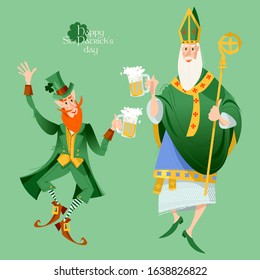 St Patrick (Apostle of Ireland) and Leprechaun hold beer jugs and dance. Saint Patrick’s Day. Vector illustration