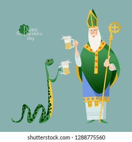 St Patrick (Apostle of Ireland) and a snake holding beer jugs. The patron saint of Ireland and a snake celebrate Saint Patrick’s Day. Vector illustration