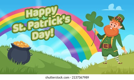 St patrick background. Gnome fairy tale character leprechaun in action poses holding coins brings good luck exact vector template