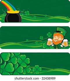 st. patrick banners with pot of gold, clovers and leprechaun