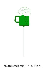 St Patrick cake pop with beer isolated on white background. Cute irish candy food - icing lollipop with glass of green ale. Flat design cartoon style dessert vector illustration