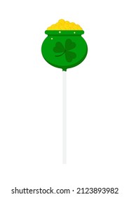St Patrick cake pop with pot and gold isolated on white background. Cute irish candy food - icing lollipop with leprechaun pot with gold and shamrock. Flat cartoon style dessert vector illustration