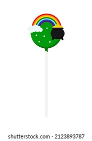 St Patrick cake pop with rainbow and cauldron icon isolated on white background. Cute irish candy food - icing lollipop with rainbow and pot with gold. Flat design cartoon style vector illustration
