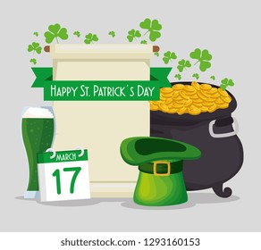 st patrick card with cauldron and gold coins with hat