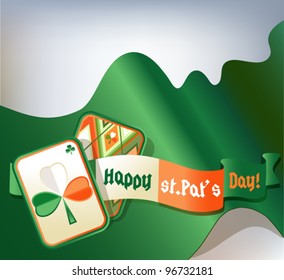 St. Patrick card with green, white, orange trefoil on green background.