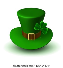 St. Patrick Carnival Green Hat with Belt and Buckle and Three-Leaf Clover Leaf. 3d vector illustration of folk Irish headdress