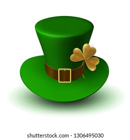 St. Patrick Carnival Green Hat with Belt and Buckle and Three-Leaf Clover Leaf. 3d vector illustration of folk Irish headdress