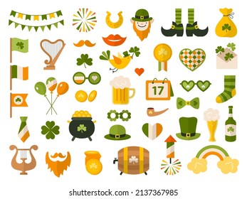 St patrick. Celebration party items green clothes leprechaun with golden coins lucky symbols clover recent vector illustrations