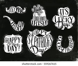 St Patrick celebration symbols mustache, smoke pipe, hat, clover, frame, beard, horseshoe drawing with chalk on chalkboard background