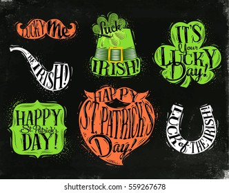 St Patrick celebration symbols mustache, smoke pipe, hat, clover, frame, beard, horseshoe drawing with color in vintage style on chalkboard background