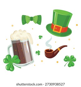 St Patrick Clipart, Hat, Mug, Pipe and Shamrock. Irish Holiday Celebration, Leprechaun Hat and Beer Icons. Patrick Day Vector Set