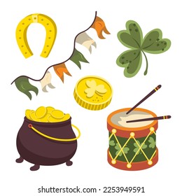 st patrick clover coin horseshoe drum illustration set