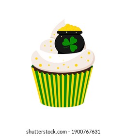 St Patrick cupcake with cauldron isolated on white background. Muffin with leprechaun pot with gold. Flat cartoon dessert vector illustration. Happy Saint patrick's day greetings card design element. 