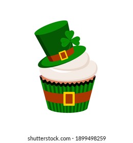 St Patrick cupcake with leprechaun hat isolated on white background. Muffin an green hat with tree clover. Happy Saint patrick's day greetings card design element. Flat cartoon vector illustration. 