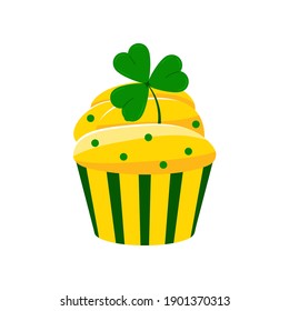 St. Patrick Cupcakes mit Shamrock einzeln auf weißem Hintergrund. Muffin mit grünen drei Blättern Klee. Flacher Cartoon-Nachtisch, Vektorgrafik. Fröhliches Saint Patrick's Day Grußkartendesign Element.