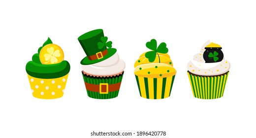 St Patrick cupcakes set isolated on white background. Cute irish sweets food - icing muffin with cion, leprechaun hat, clover, pot with gold. Flat design cartoon style dessert vector illustration.
