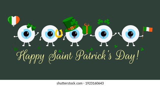 St Patrick cute eye balls on greeting card. Ophthalmology eyeball irish character with horseshoe, in leprechaun hat with gift, heart shape balloon. Flat cartoon vector Happy paddy's day illustration.