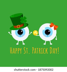 St Patrick cute eyes in leprechaun hat and in glasses with gold coin. Ophthalmology eyeball irish character with lucky money, clover on green hat. Flat cartoon vector Happy paddy's day illustration.