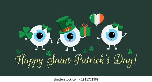 St Patrick cute eyes on greetin card. Ophthalmology eyeball irish character with lucky clover, in leprechaun hat with gift, with heart shape balloon. Flat cartoon vector Happy paddy's day illustration
