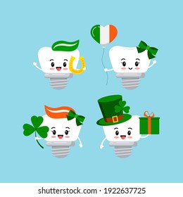 St Patrick cute teeth dental implant icon set isolated. Orthodontist dentistry tooth character with irish lucky charm - shamrock, horseshoe, leprechaun hat. Flat design cartoon vector kid illustration