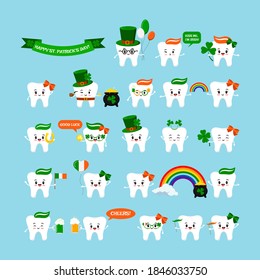 St Patrick cute teeth icon set isolated. Dental tooth character with irish photo booth props - pot, rainbow, horseshoe, beer, clover, pipe, hat, shamrock. Flat design cartoon vector kids illustration.