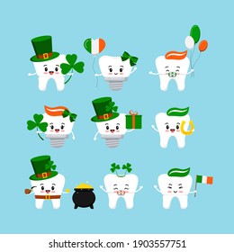 Icono de dientes lindos de St. Patrick aislado. Dentista lindo diente blanco, corona, implante, con rasgos característicos y carteles de celebración irlandesa. Dibujo plano del vector de dibujos animados Happy paddy's day clip art ilustración.