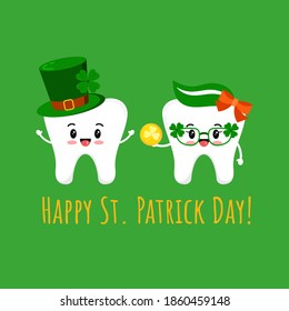 St Patrick cute teeth in leprechaun hat and in glasses with gold coin. Dental tooth irish character with lucky money, clover on green hat. Flat design cartoon vector Happy paddy's day illustration.