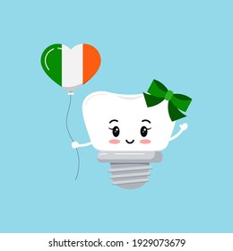 St Patrick cute tooth dental implant icon isolated. Orthodontist dentistry teeth character with irish flag color heart shape balloon. Flat design cartoon vector kid illustration