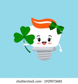 St Patrick cute tooth dental implant girl icon isolated. Orthodontist dentistry teeth character with irish lucky charm - shamrock tree leaves clover. Flat design cartoon vector kid illustration.