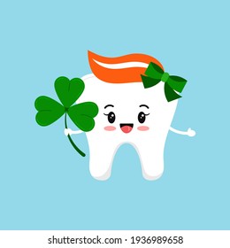 St Patrick süße Zahnzahnärztin Symbol einzeln. Kinder Zahnarztfigur mit irischem Glückscharm - Shamrock-Baum Blätter Klee. Flaches Design Cartoon, Vektorclip Art Illustration.