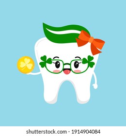 St Patrick süße Zahnsymbol einzeln. Zahnzahnfigur mit irischen Fotoponden - Brille mit Shamrock und Glück goldener Ziege. Flaches Design Cartoon Vektorgrafik Kinder Illustration.