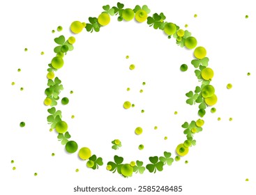 St Patrick Day abstract background with ring from shamrock leaves and balls. Vector greeting card