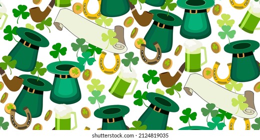 St Patrick day. Abstract seamless background with gold coins,Leprechaun hat, beer mug, shamrock, happy horseshoe on white. Irish decor for greeting card, fabric, wrapping paper, web site. Vector