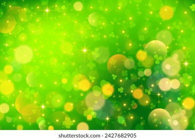 St Patrick Day background with clover leaves and bokeh. Shamrock Irish floral vector banner for spring Celtic holiday. Abstract design.