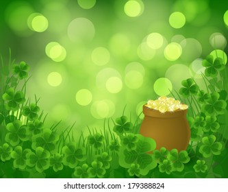 St. Patrick day background, pot full of gold on green background with clovers and grass