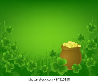 St. Patrick day background with pot full of gold and clovers