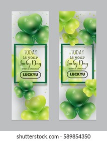 St Patrick Day banners with balloons in shape of clover leaf, frame and coupon code text. Banners vector illustration.
